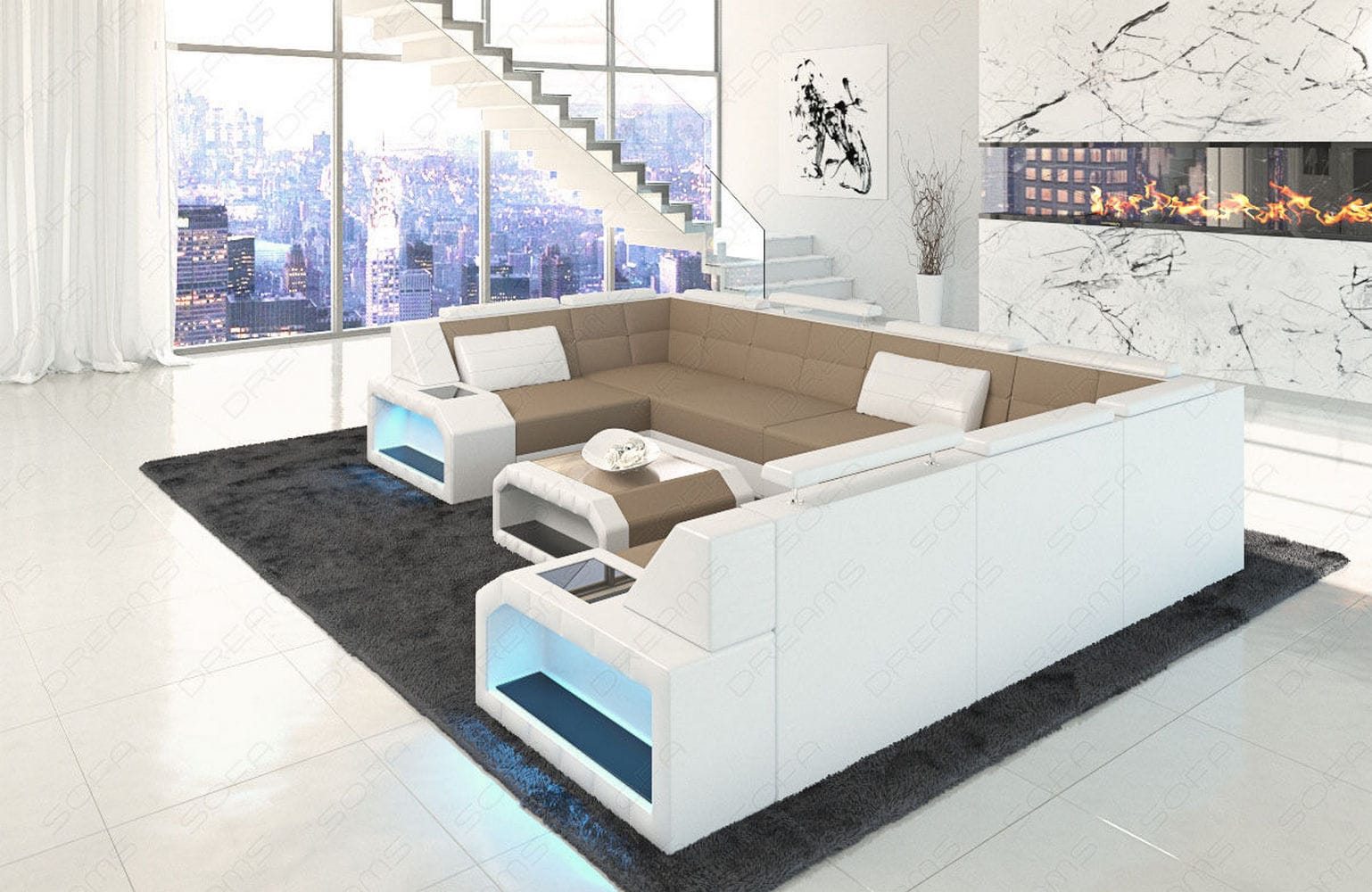 Wohnlandschaft Pesaro U-Form aus Stoff Cappuccino-Weiß