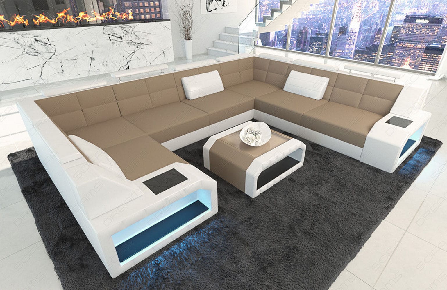 Wohnlandschaft Pesaro U-Form aus Stoff Cappuccino-Weiß