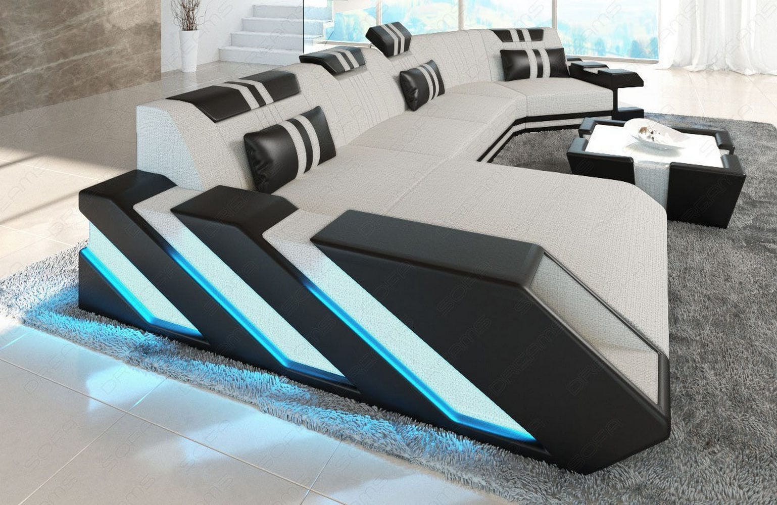 Stoff Wohnlandschaft Apollonia C-Form Elfenbein-Schwarz