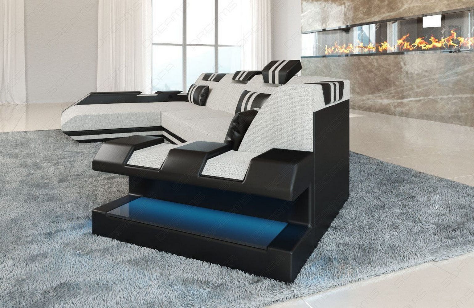 Stoff Wohnlandschaft Apollonia C-Form Elfenbein-Schwarz