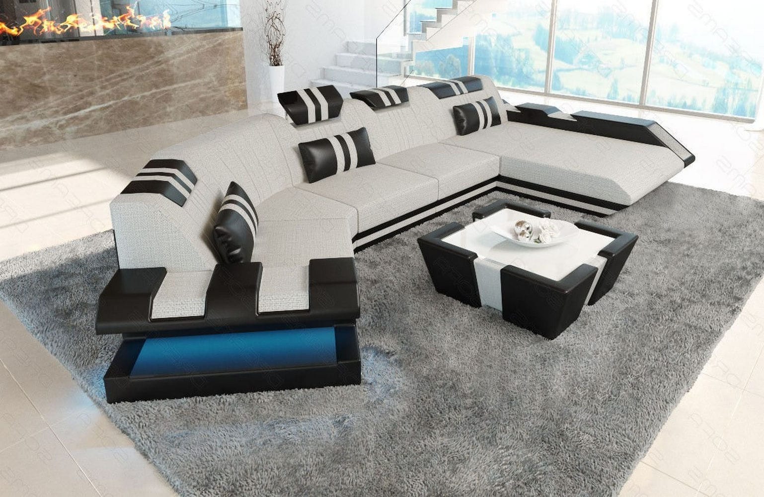 Sofa Apollonia C-Form in Stoff elfenbein-schwarz