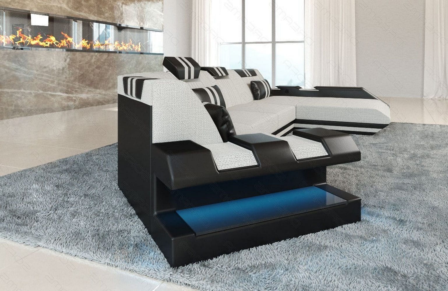 Sofa Apollonia C-Form in Stoff elfenbein-schwarz