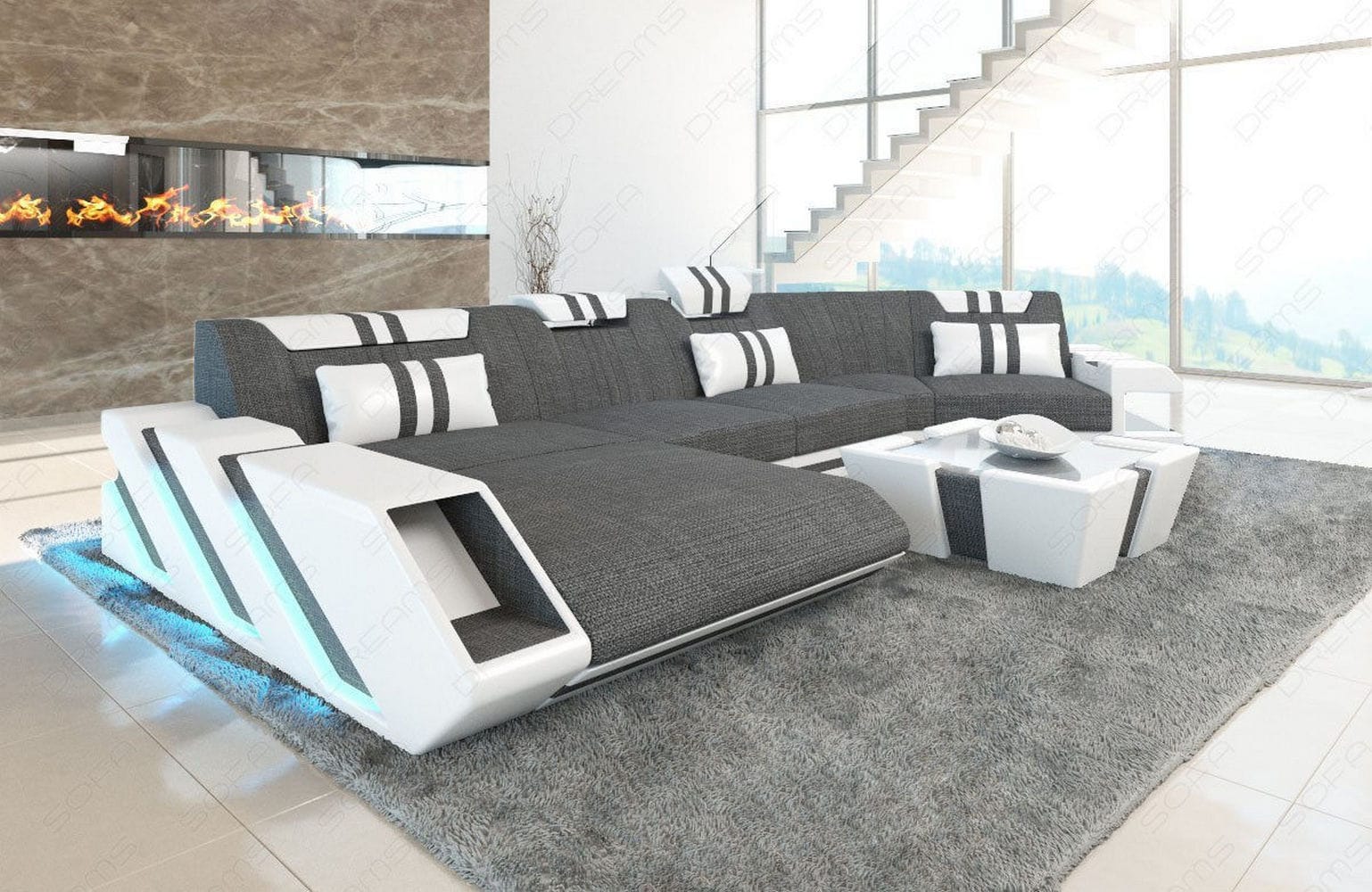 Sofa Apollonia C-Form in Stoff Grau-Weiß