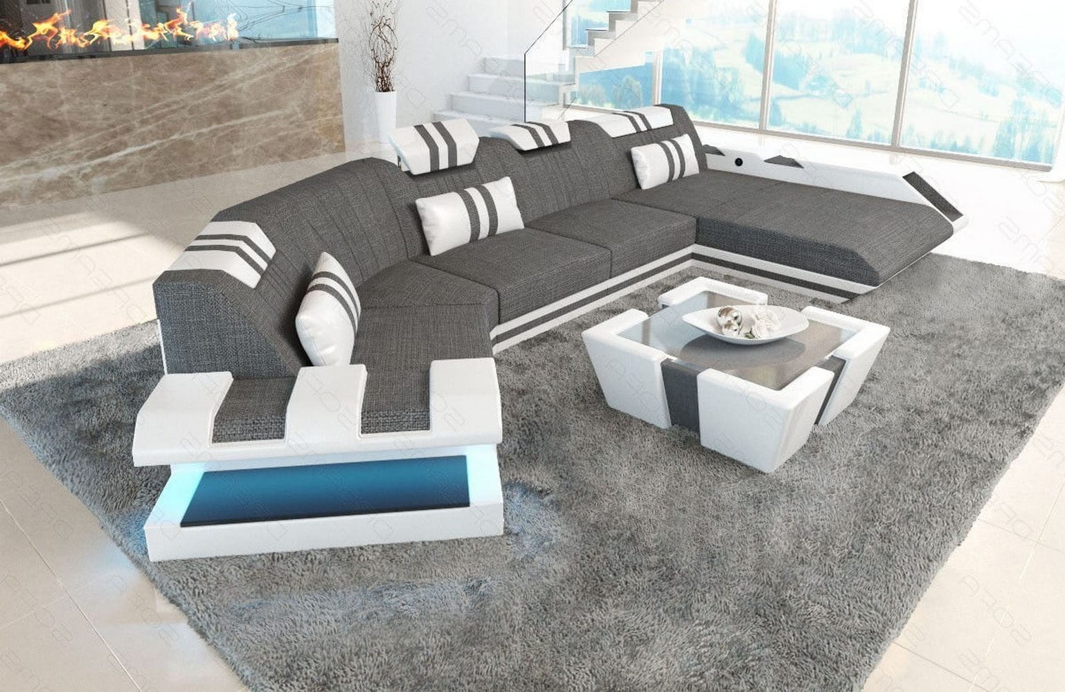 Stoff Wohnlandschaft Apollonia C-Form Grau-Weiß