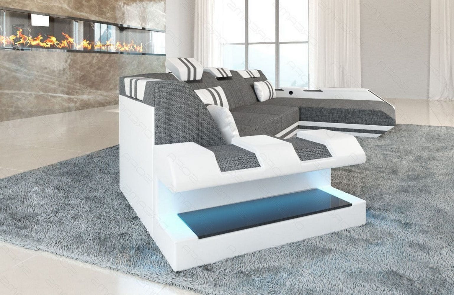 Stoff Wohnlandschaft Apollonia C-Form Grau-Weiß