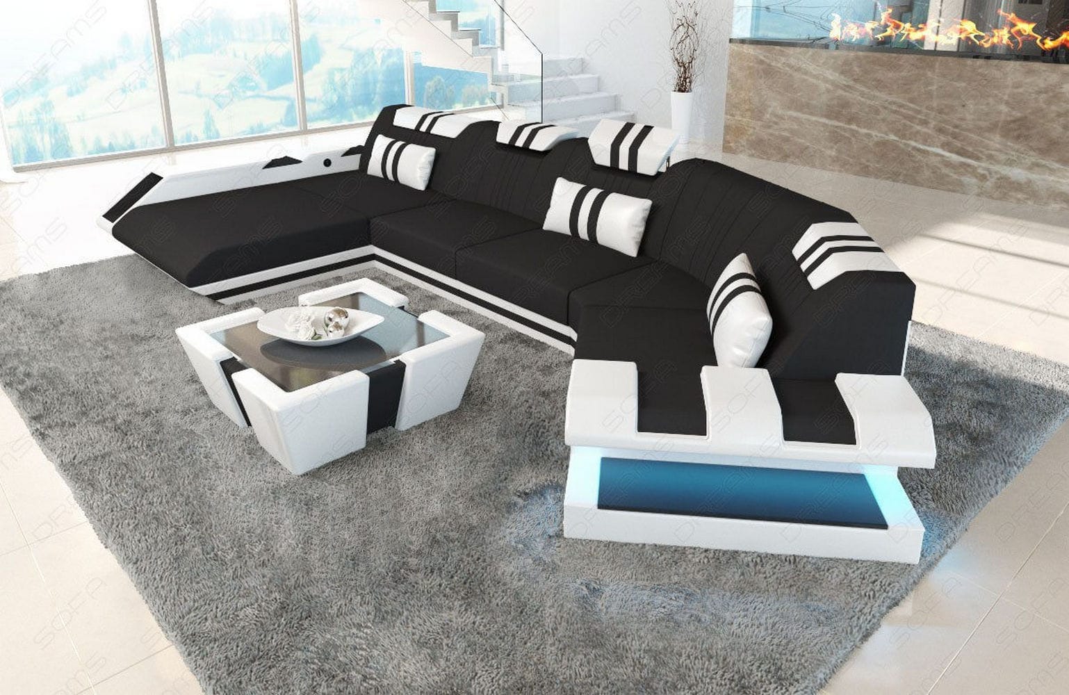 Stoff Wohnlandschaft Apollonia C-Form Schwarz-Weiß