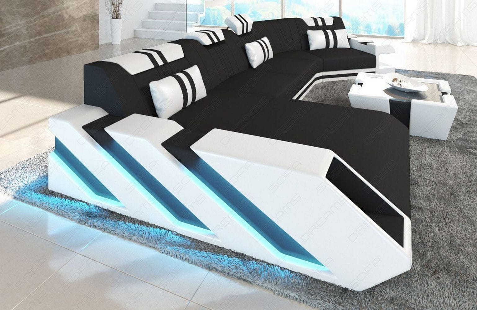 Stoff Wohnlandschaft Apollonia C-Form Schwarz-Weiß
