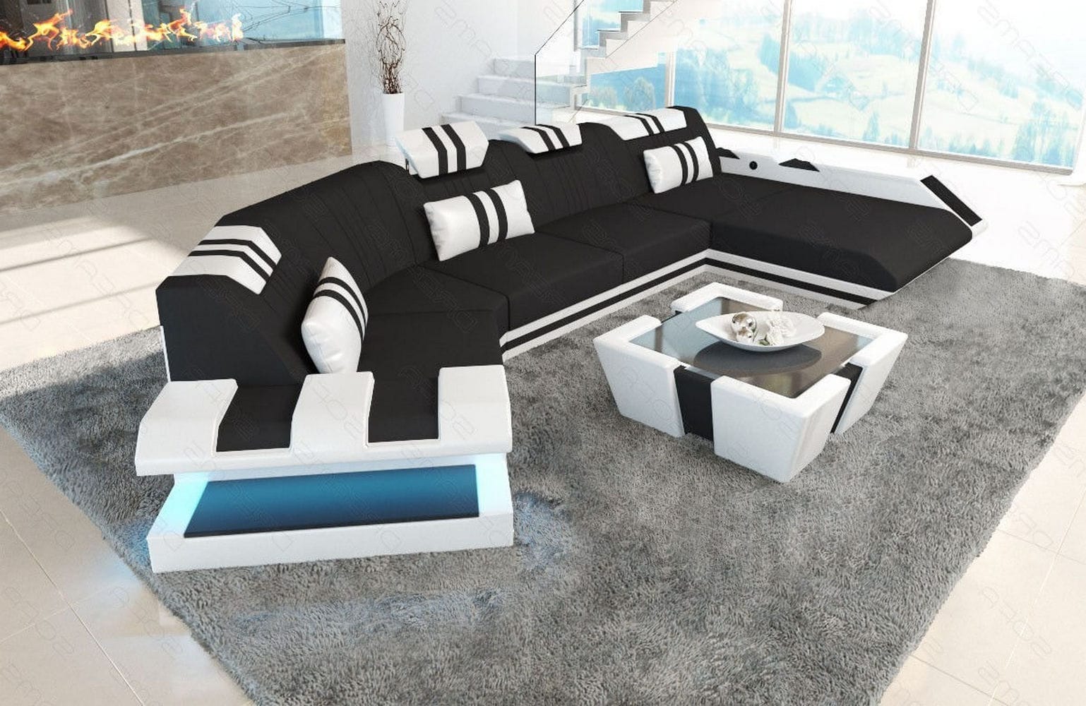 Stoff Wohnlandschaft Apollonia C-Form Schwarz-Weiß