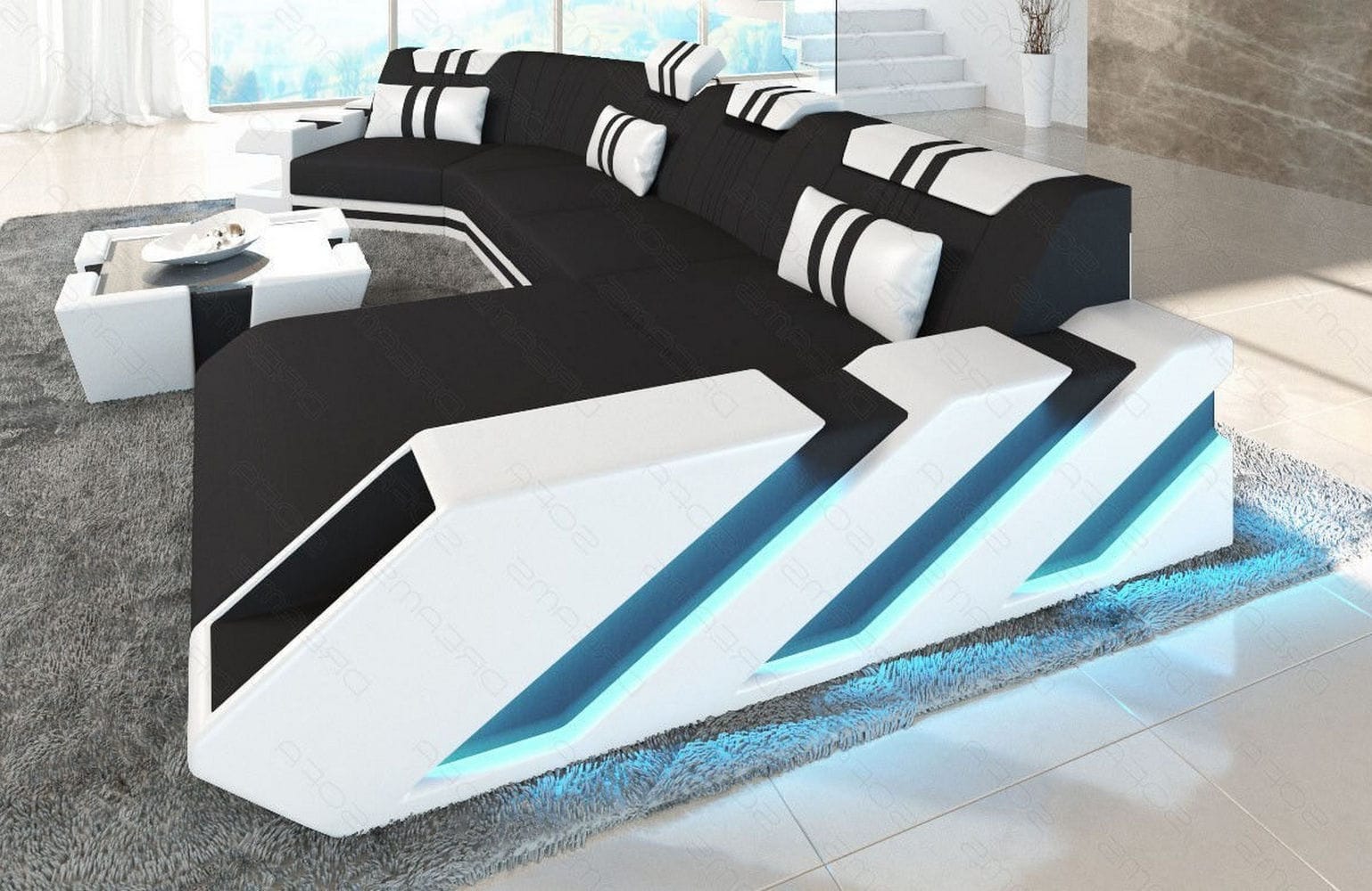 Stoff Wohnlandschaft Apollonia C-Form Schwarz-Weiß