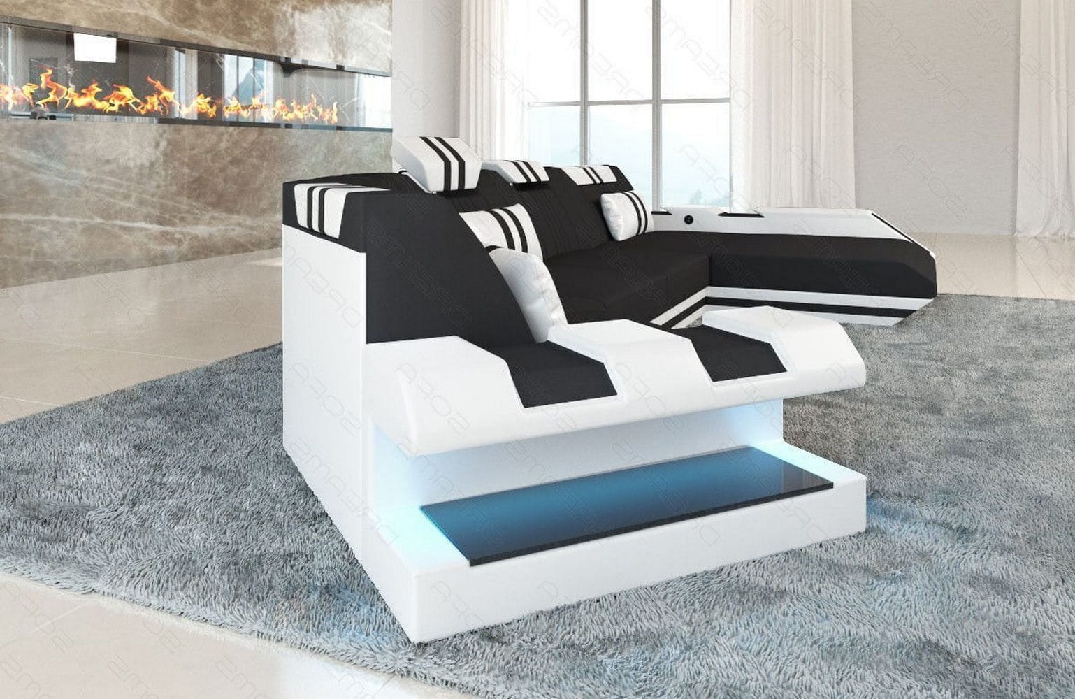 Stoff Wohnlandschaft Apollonia C-Form Schwarz-Weiß