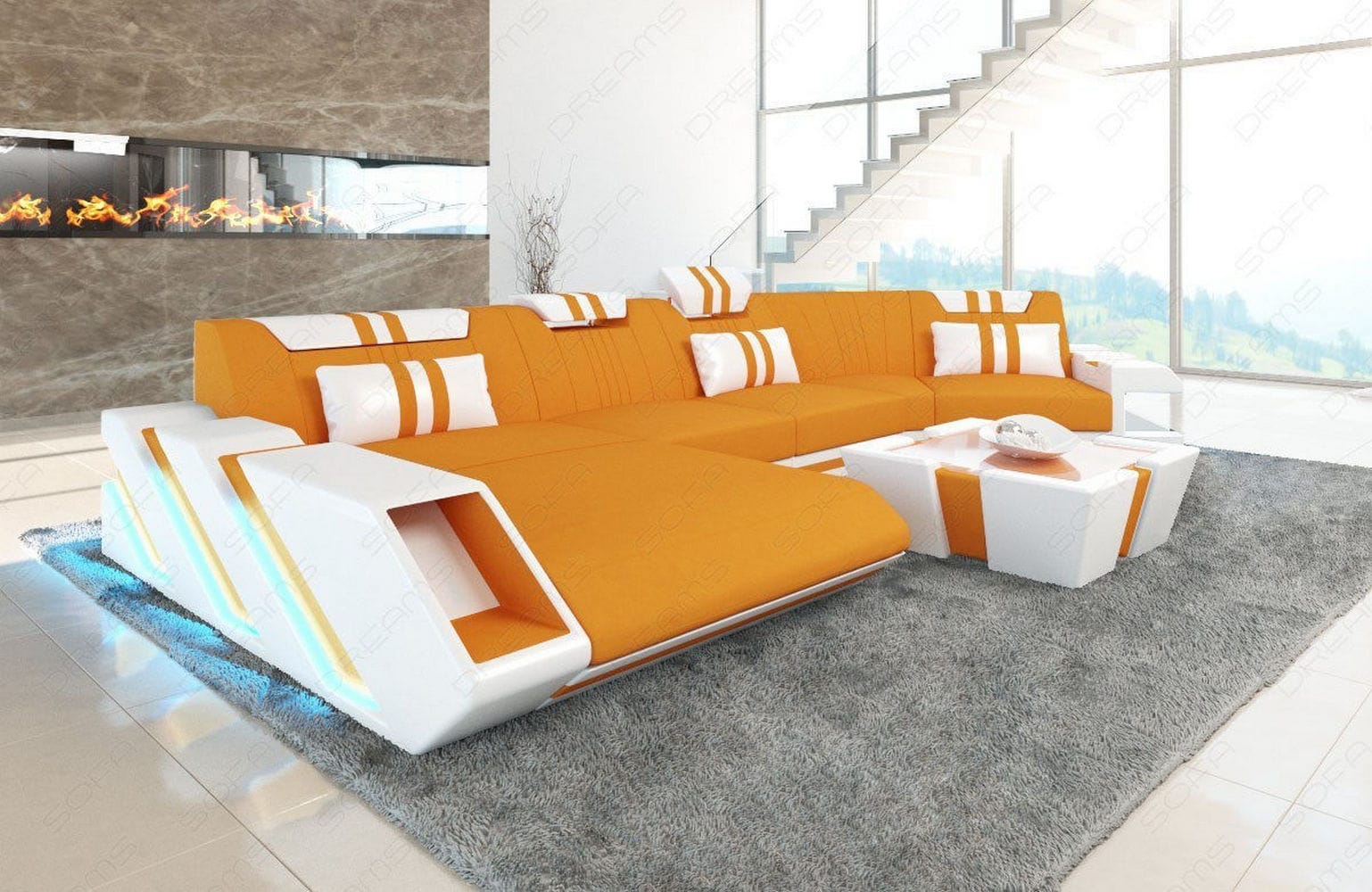Stoff Wohnlandschaft Apollonia C-Form Apricot-Weiß