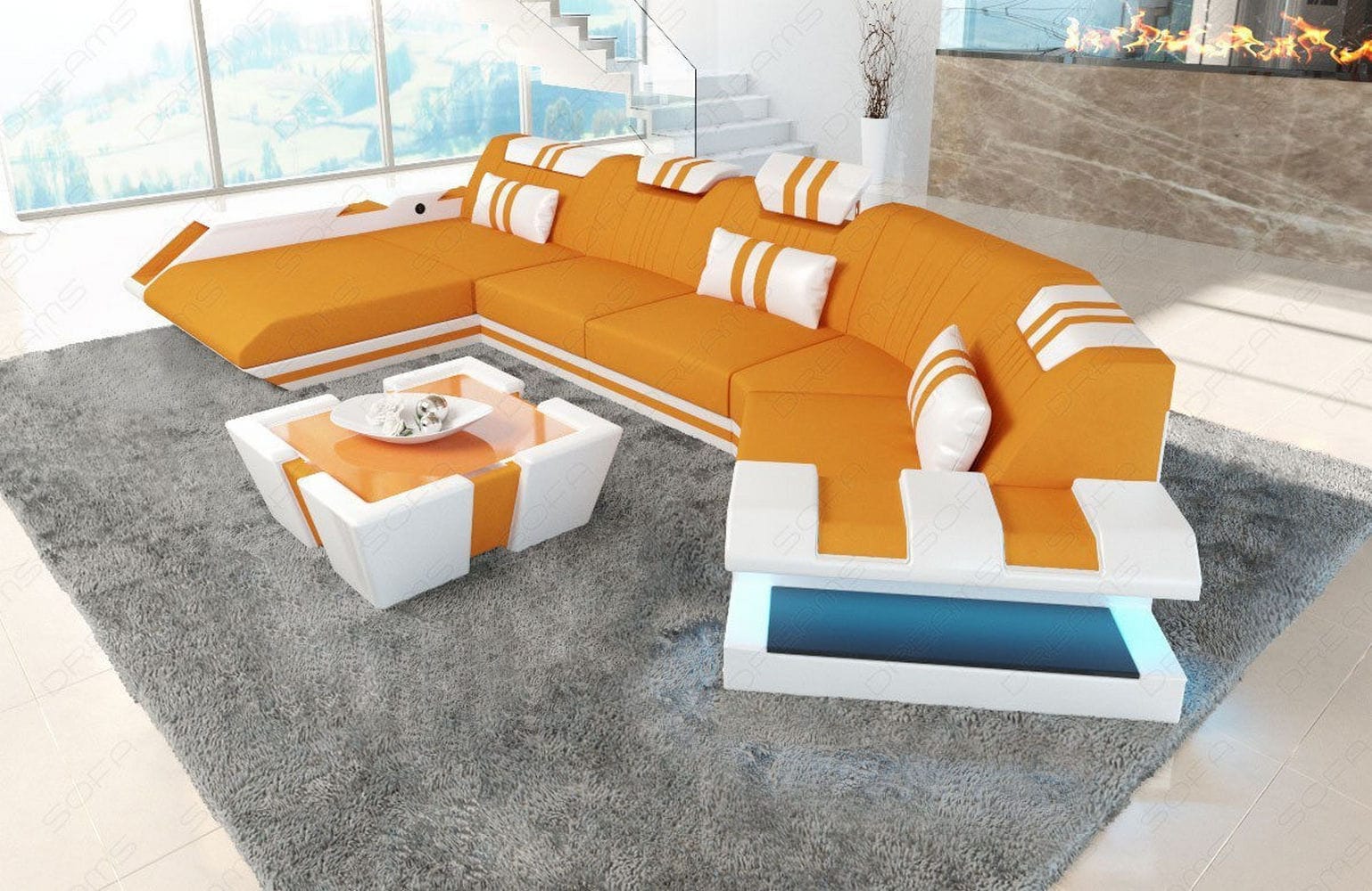 Stoff Wohnlandschaft Apollonia C-Form Apricot-Weiß