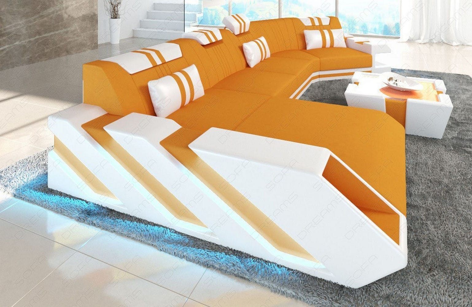 Stoff Wohnlandschaft Apollonia C-Form Apricot-Weiß