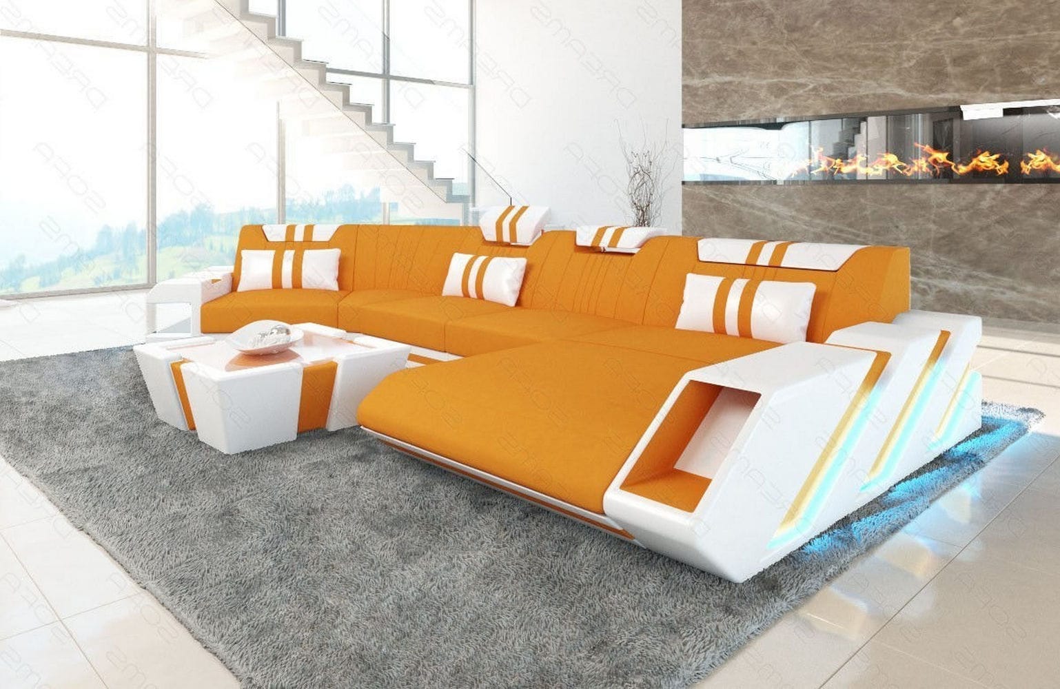 Stoff Wohnlandschaft Apollonia C-Form Apricot-Weiß