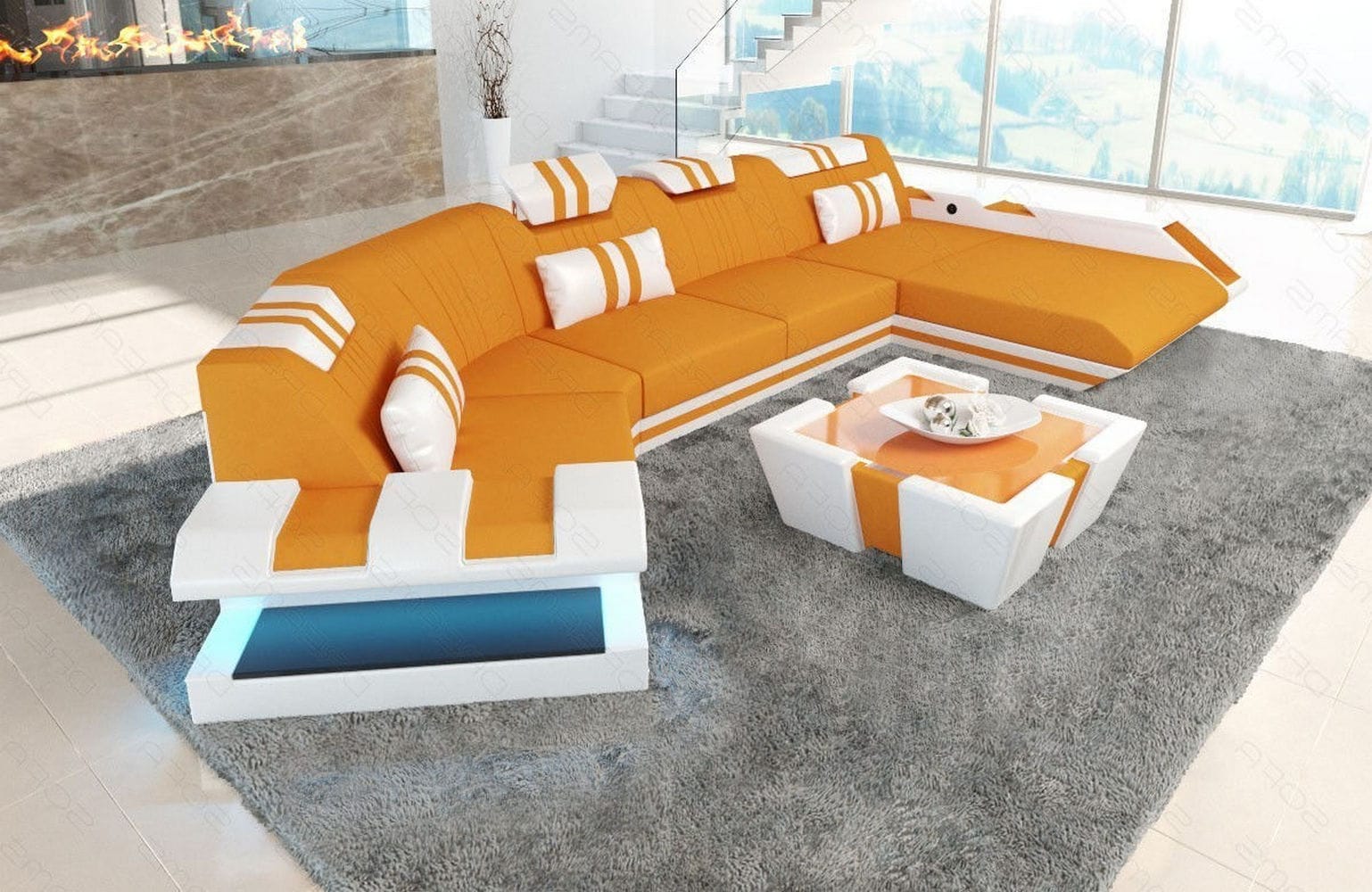 Stoff Wohnlandschaft Apollonia C-Form Apricot-Weiß