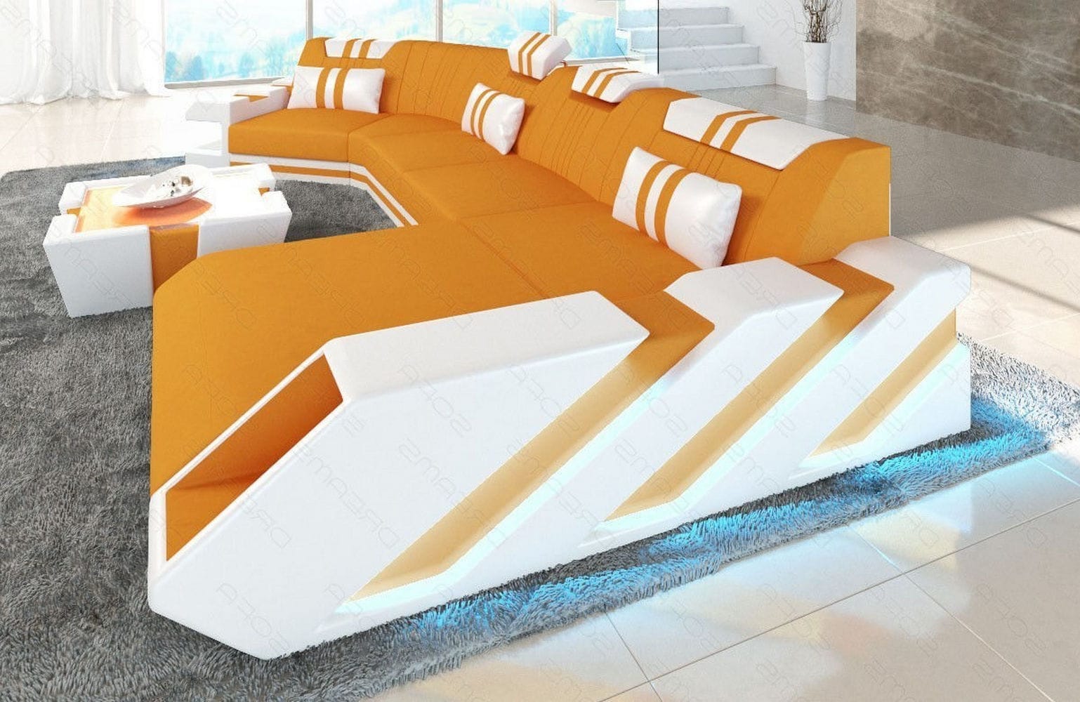 Stoff Wohnlandschaft Apollonia C-Form Apricot-Weiß