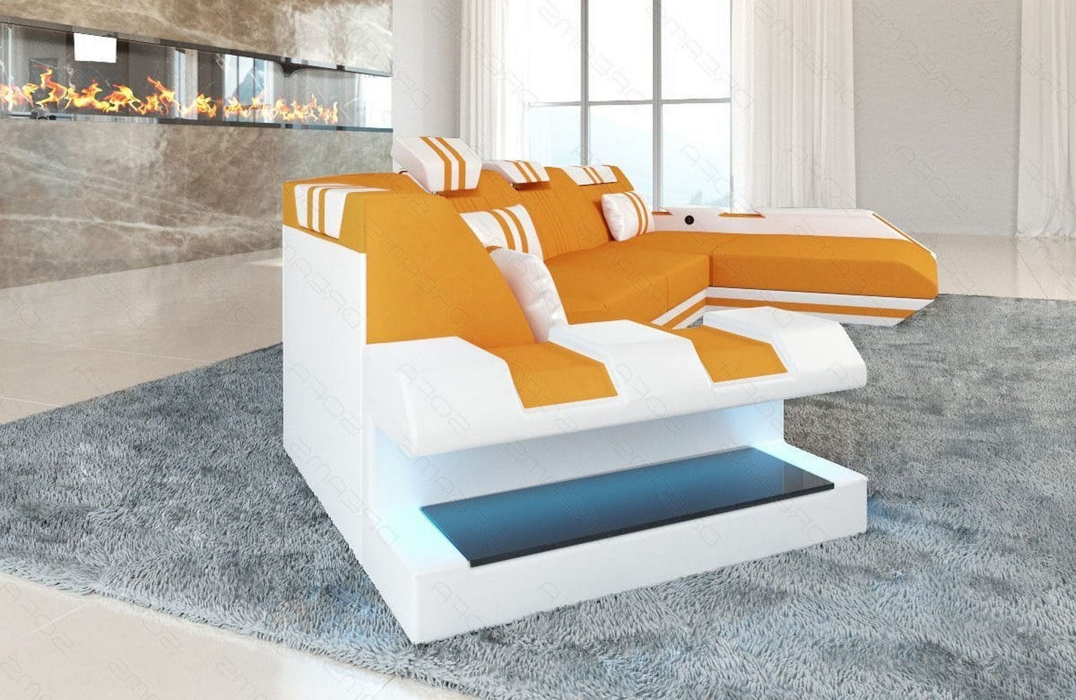 Stoff Wohnlandschaft Apollonia C-Form Apricot-Weiß