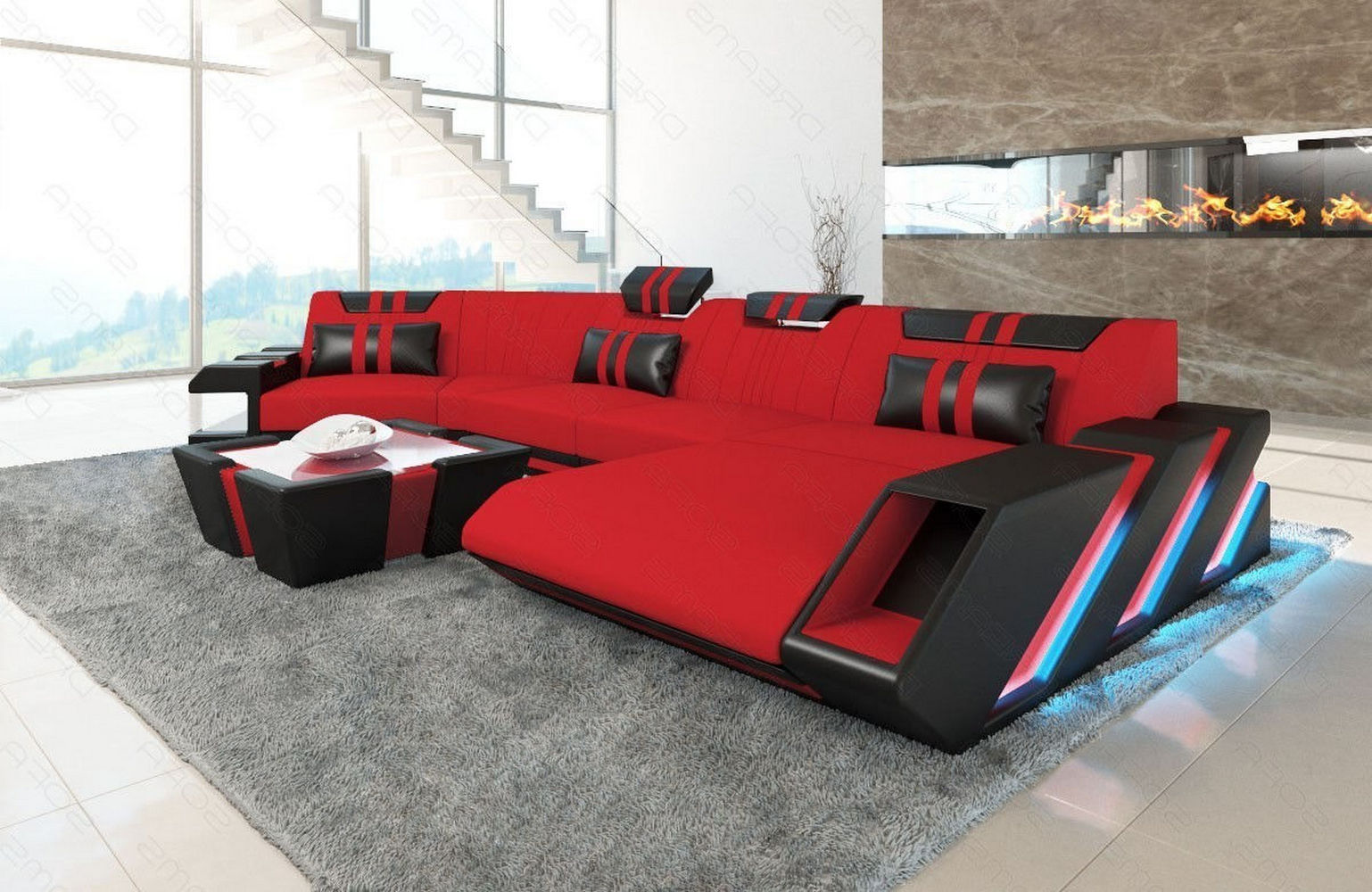 Stoff Wohnlandschaft Apollonia C-Form Rot-Schwarz