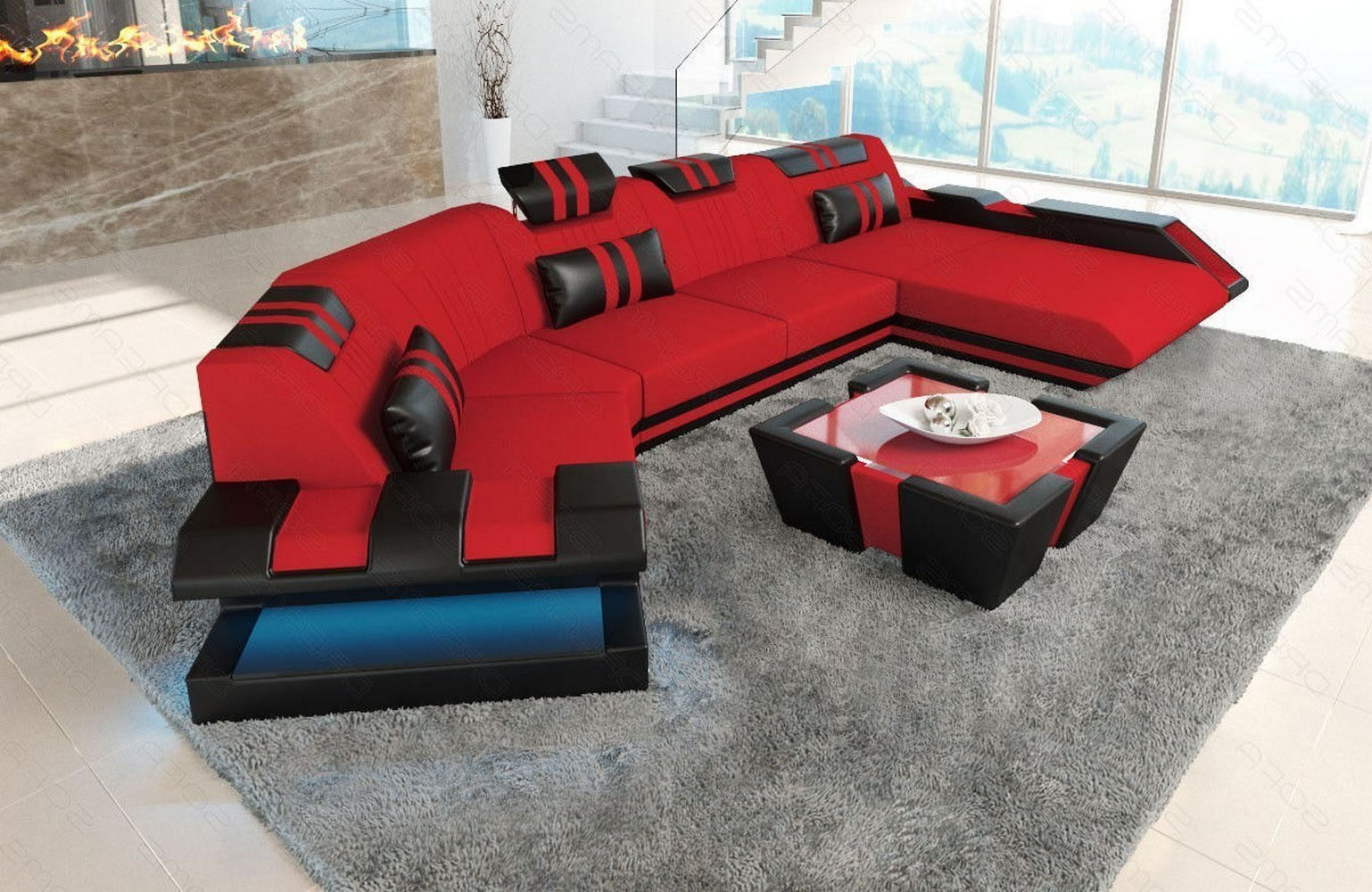 Stoff Wohnlandschaft Apollonia C-Form Rot-Schwarz