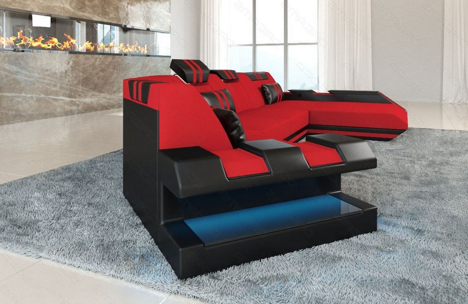 Stoff Wohnlandschaft Apollonia C-Form Rot-Schwarz