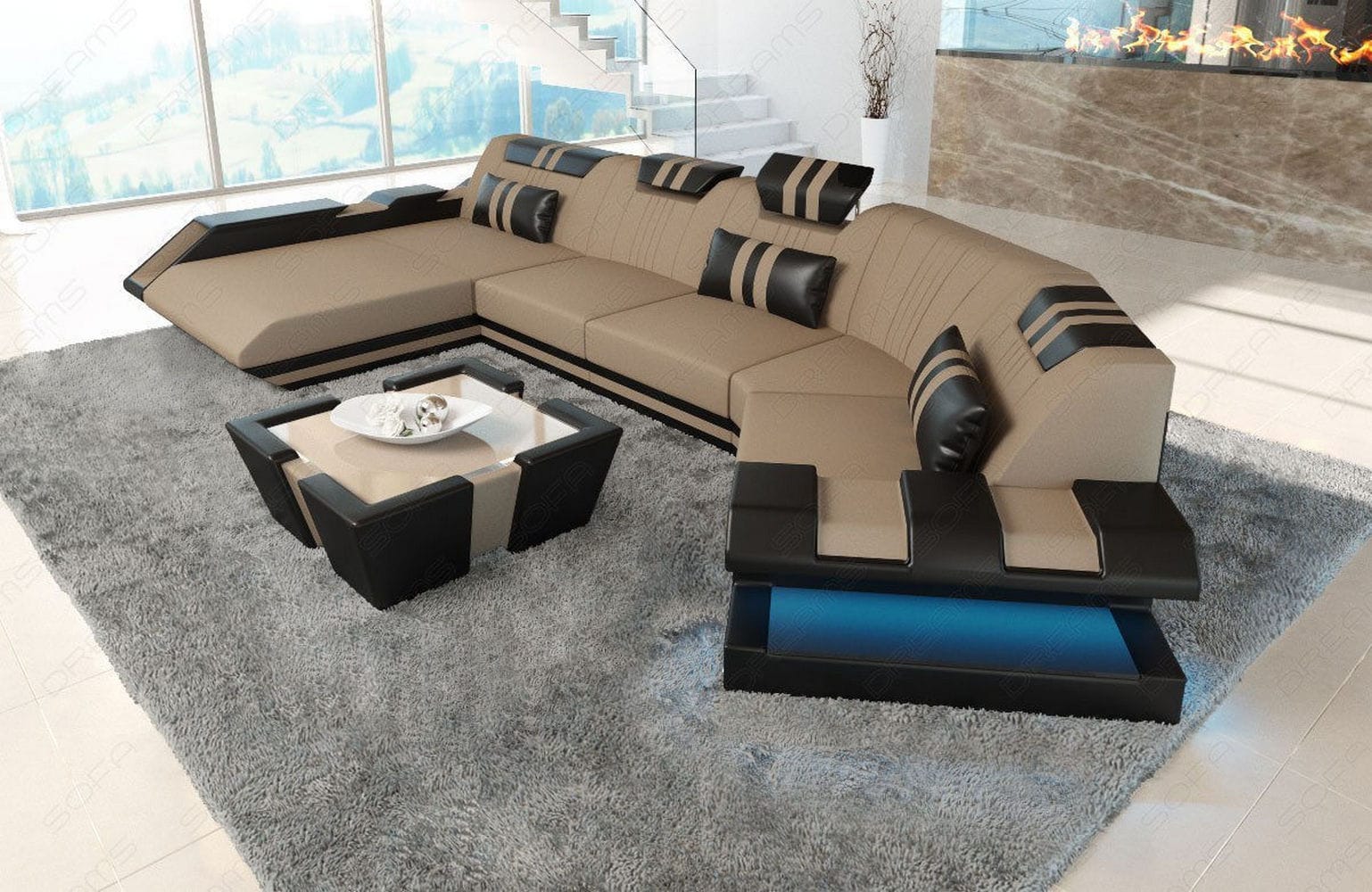 Stoff Wohnlandschaft Apollonia C-Form Cappuccino-Schwarz