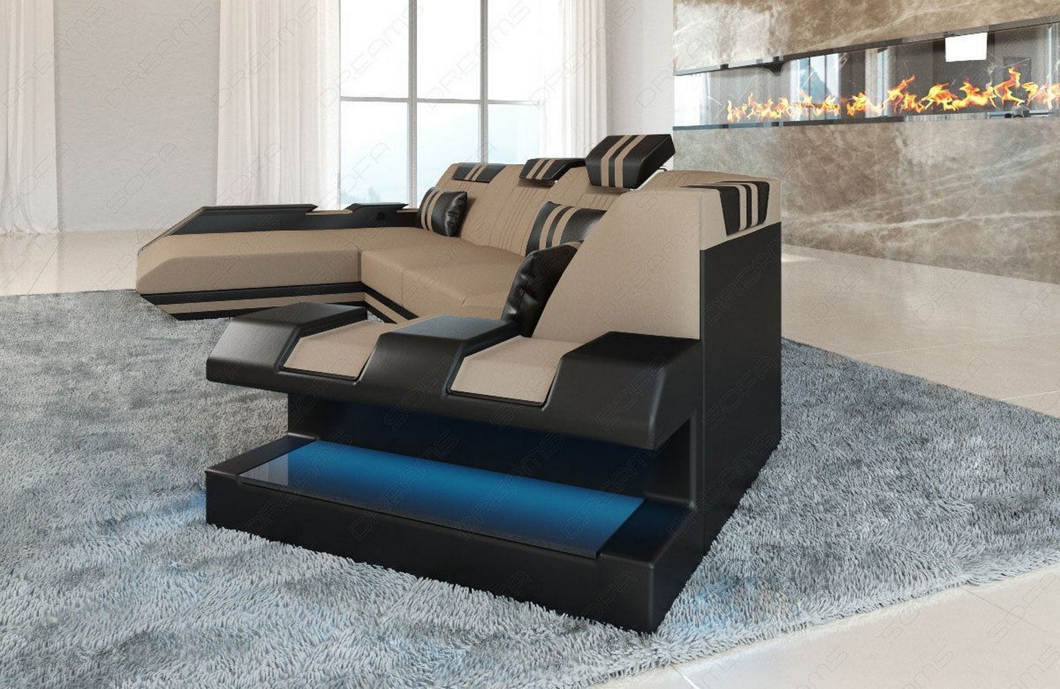 Stoff Wohnlandschaft Apollonia C-Form Cappuccino-Schwarz