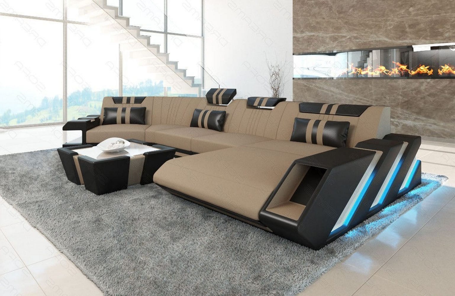 Stoff Wohnlandschaft Apollonia C-Form Cappuccino-Schwarz