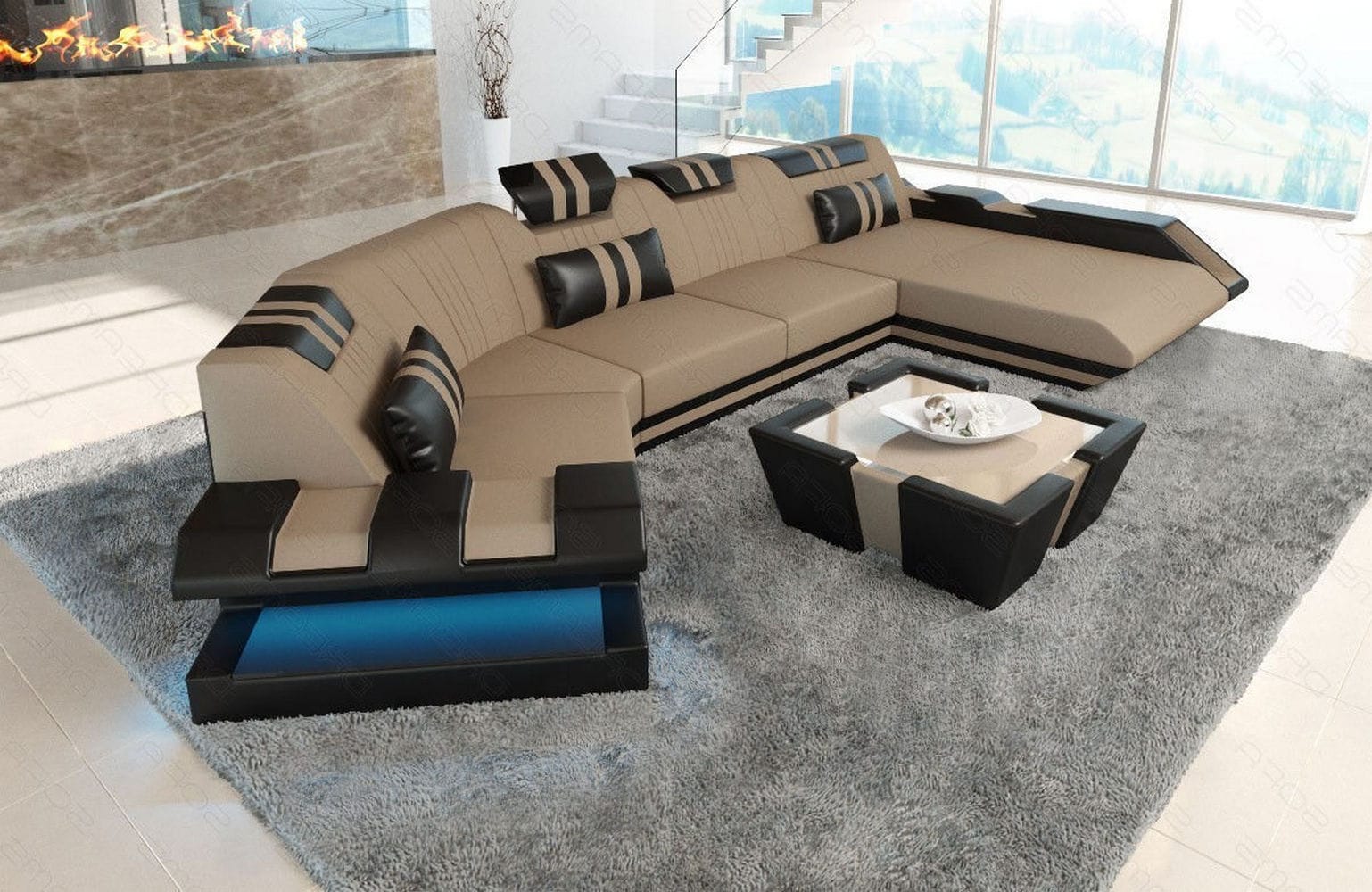 Stoff Wohnlandschaft Apollonia C-Form Cappuccino-Schwarz