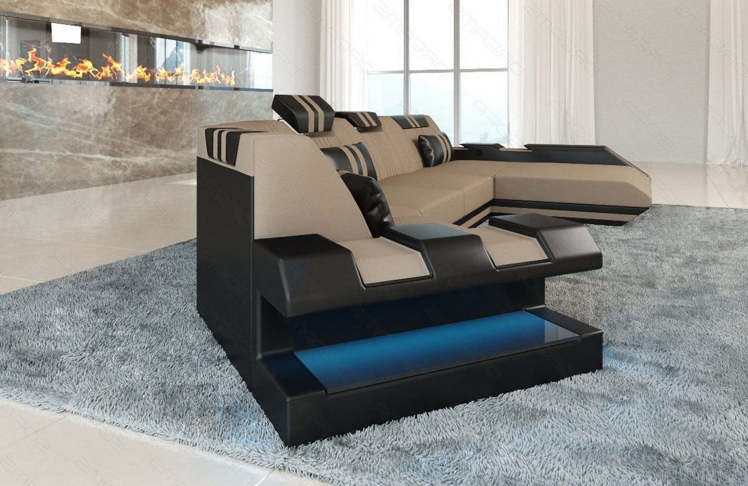 Stoff Wohnlandschaft Apollonia C-Form Cappuccino-Schwarz