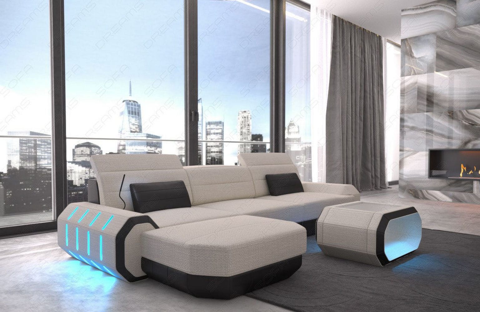 Design Stoffsofa Roma L-Form, Led