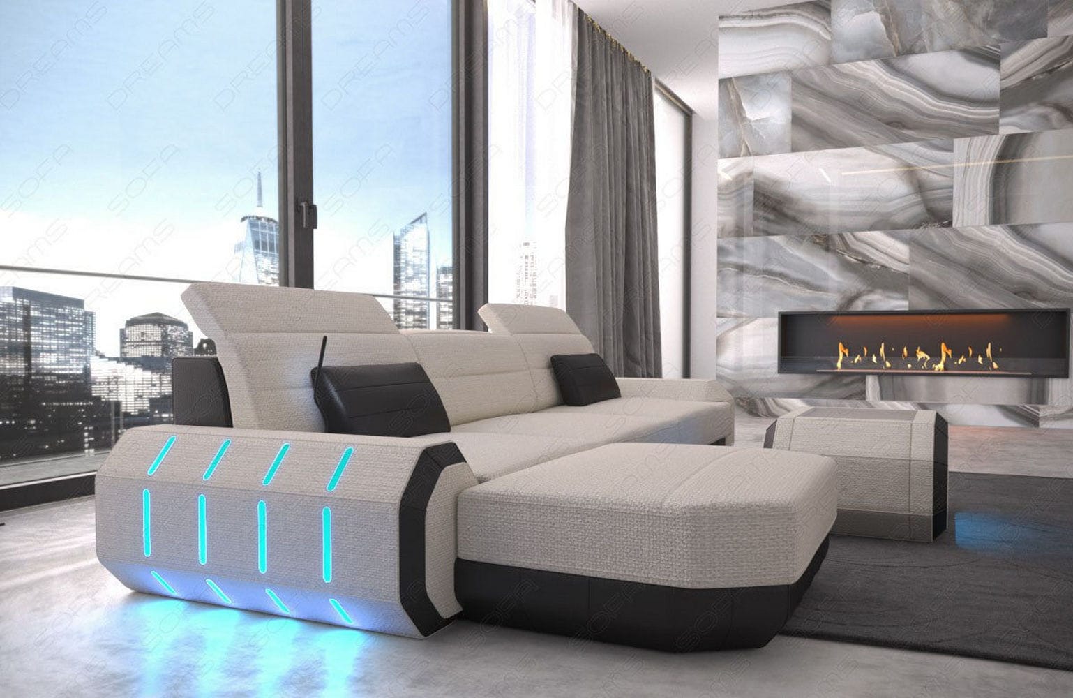Design Stoffsofa Roma L-Form, Led Elfenbein-Schwarz
