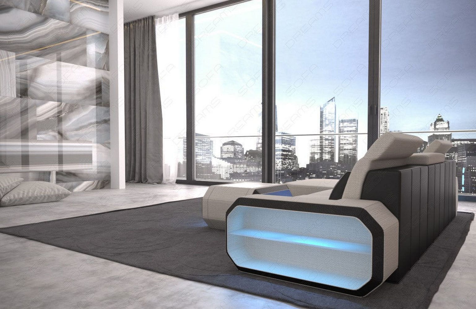 Design Stoffsofa Roma L-Form, Led Elfenbein-Schwarz
