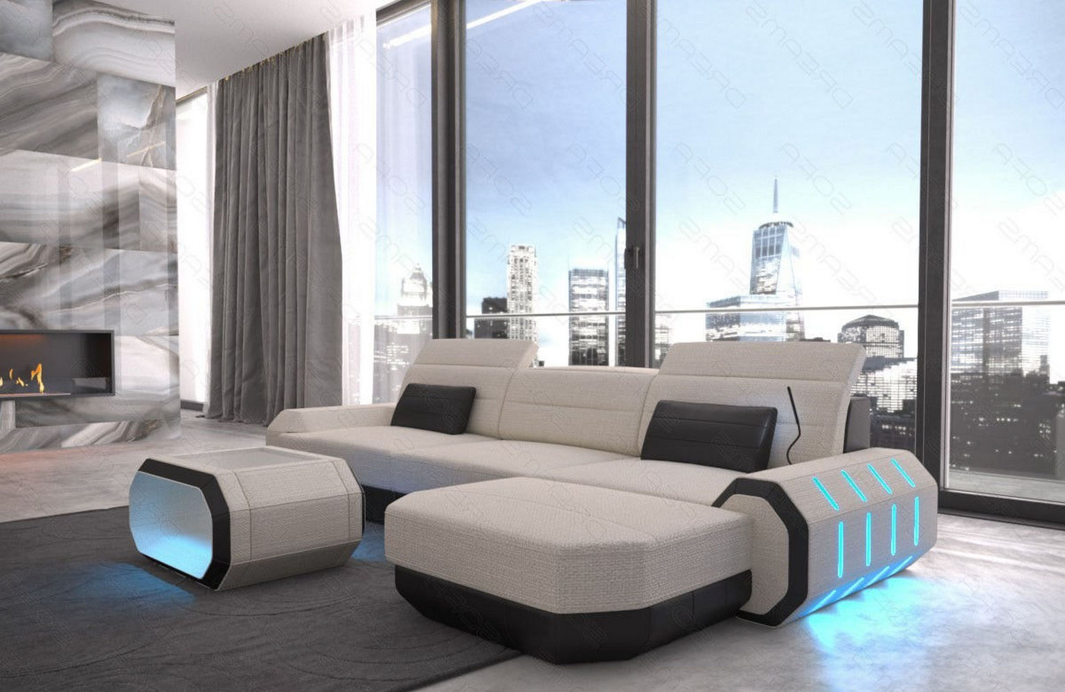 Design Stoffsofa Roma L-Form, Led