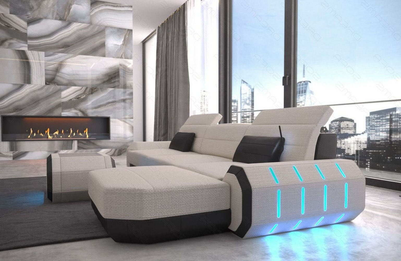 Design Stoffsofa Roma L-Form, Led Elfenbein-Schwarz