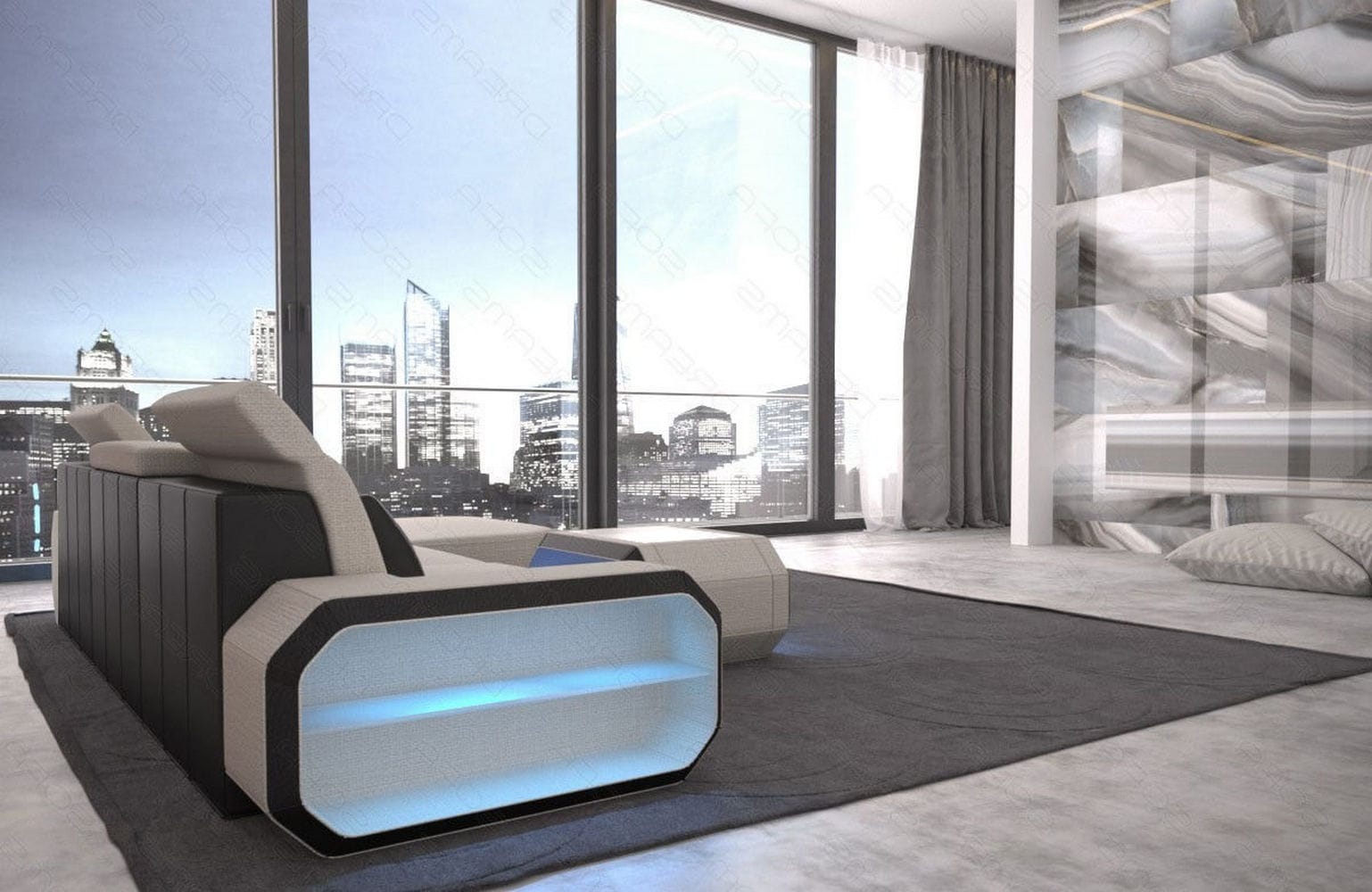 Design Stoffsofa Roma L-Form, Led Elfenbein-Schwarz