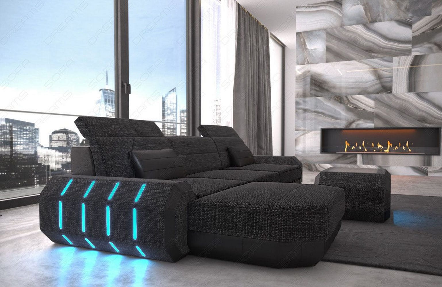 Design Stoffsofa Roma L-Form, Led Schwarzgrau-Schwarz