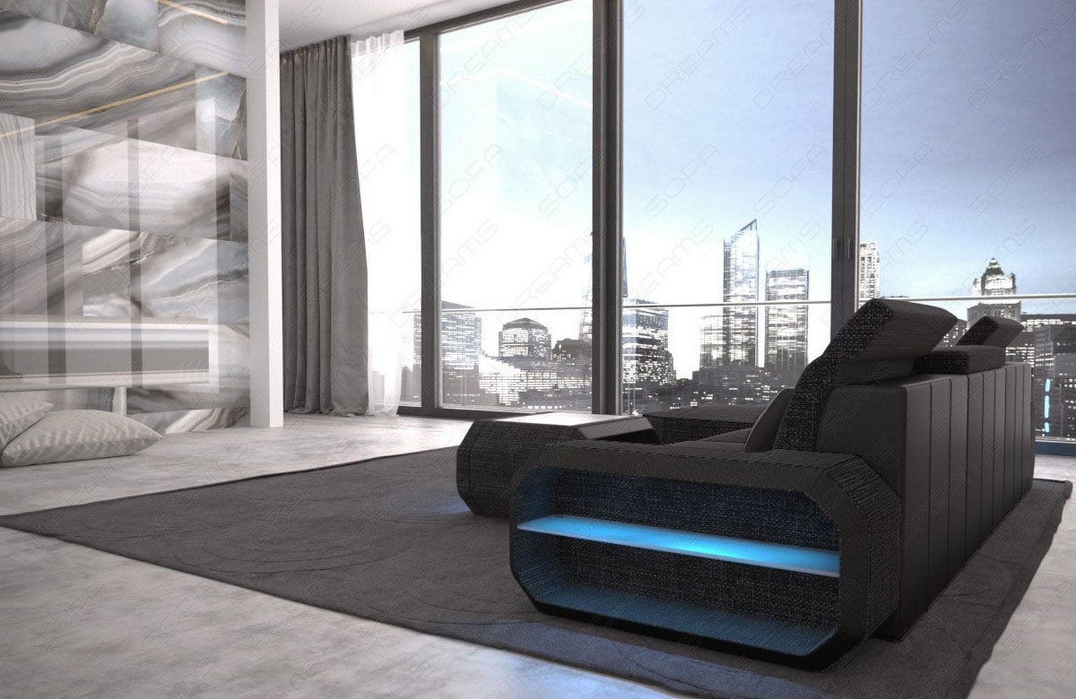 Design Stoffsofa Roma L-Form, Led Schwarzgrau-Schwarz