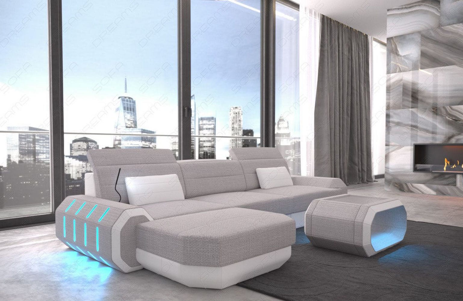Design Stoffsofa Roma L-Form, Led Macchiato-Weiß