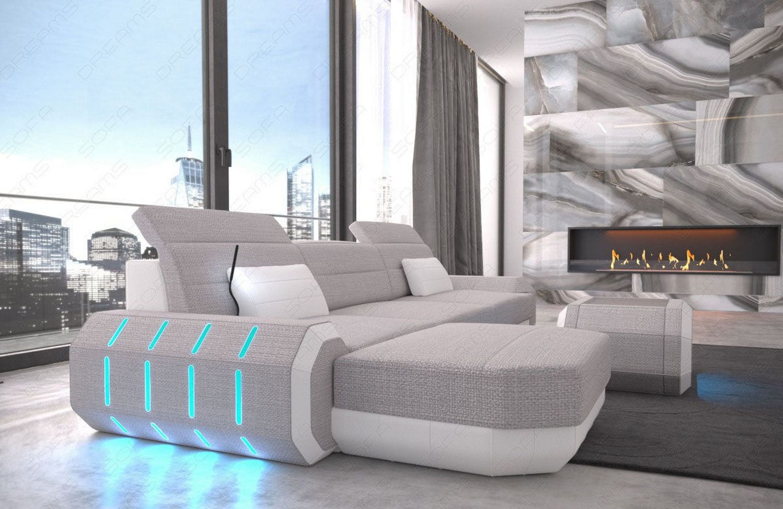 Design Stoffsofa Roma L-Form, Led Macchiato-Weiß