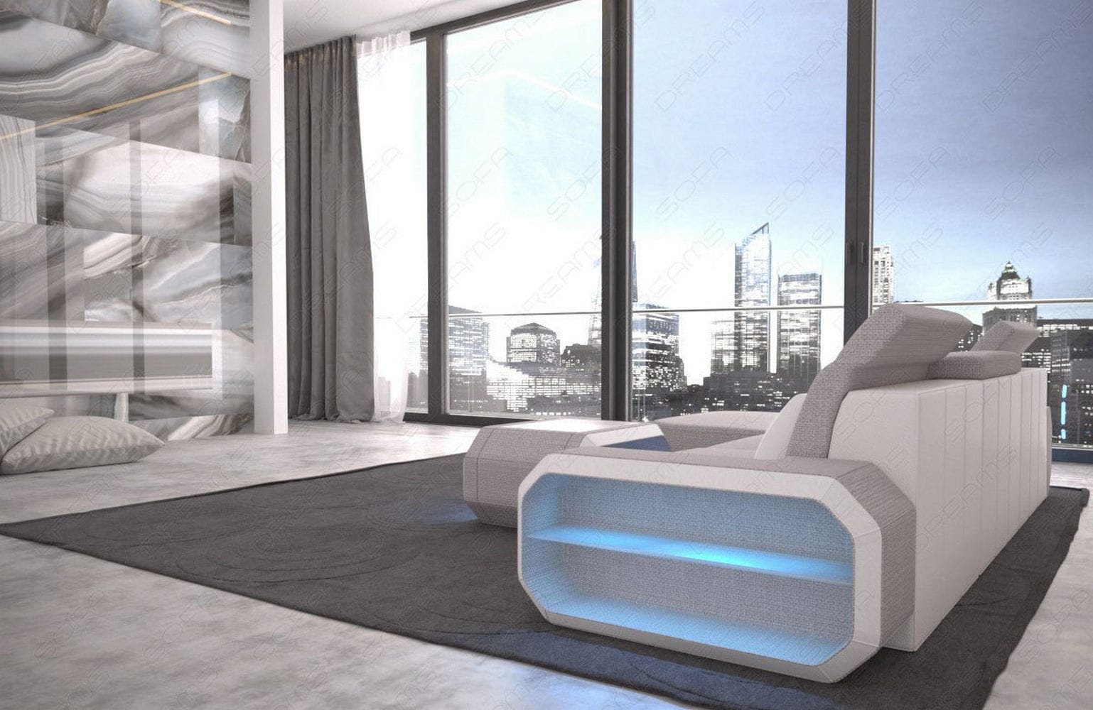 Design Stoffsofa Roma L-Form, Led Macchiato-Weiß