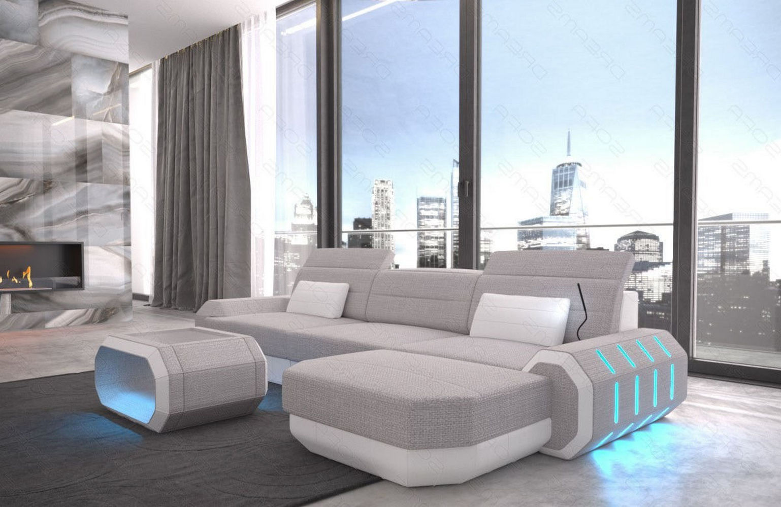 Design Stoffsofa Roma L-Form, Led
