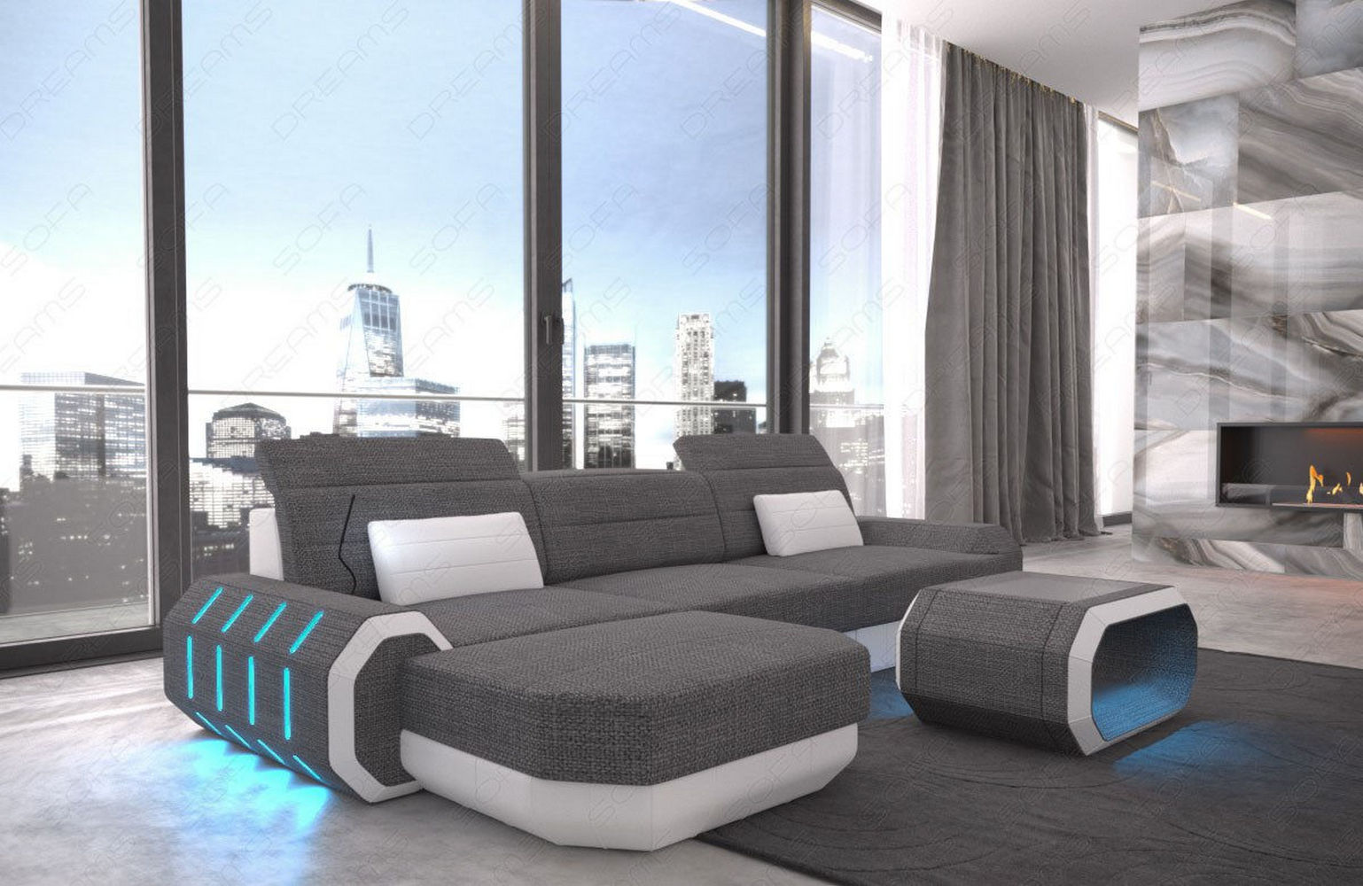Design Stoffsofa Roma L-Form, Led