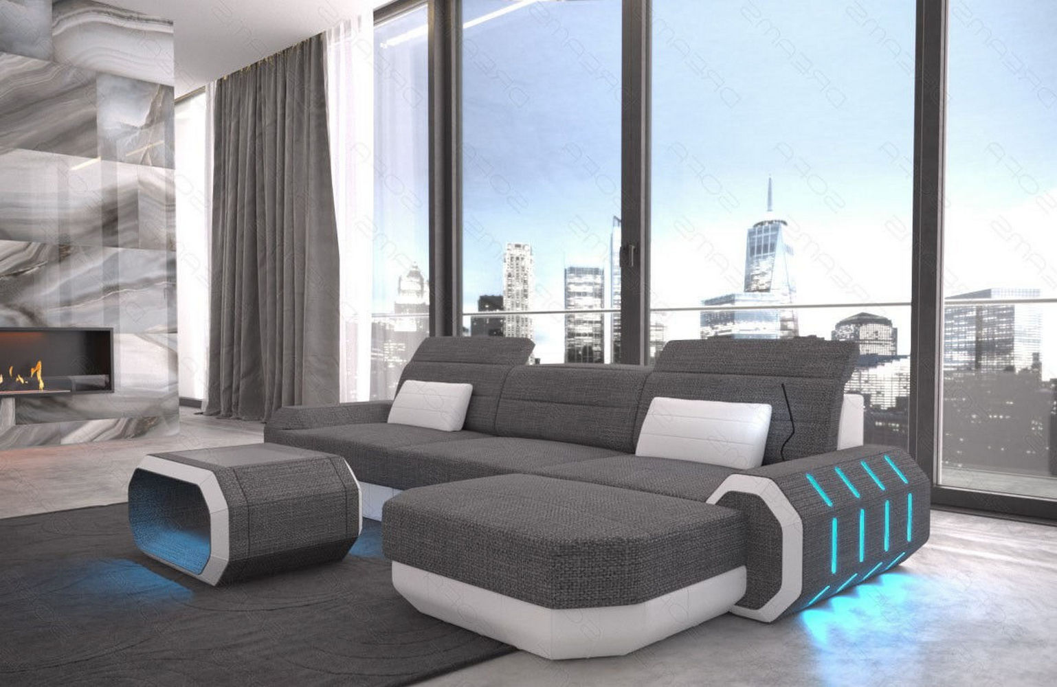 Design Stoffsofa Roma L-Form, Led