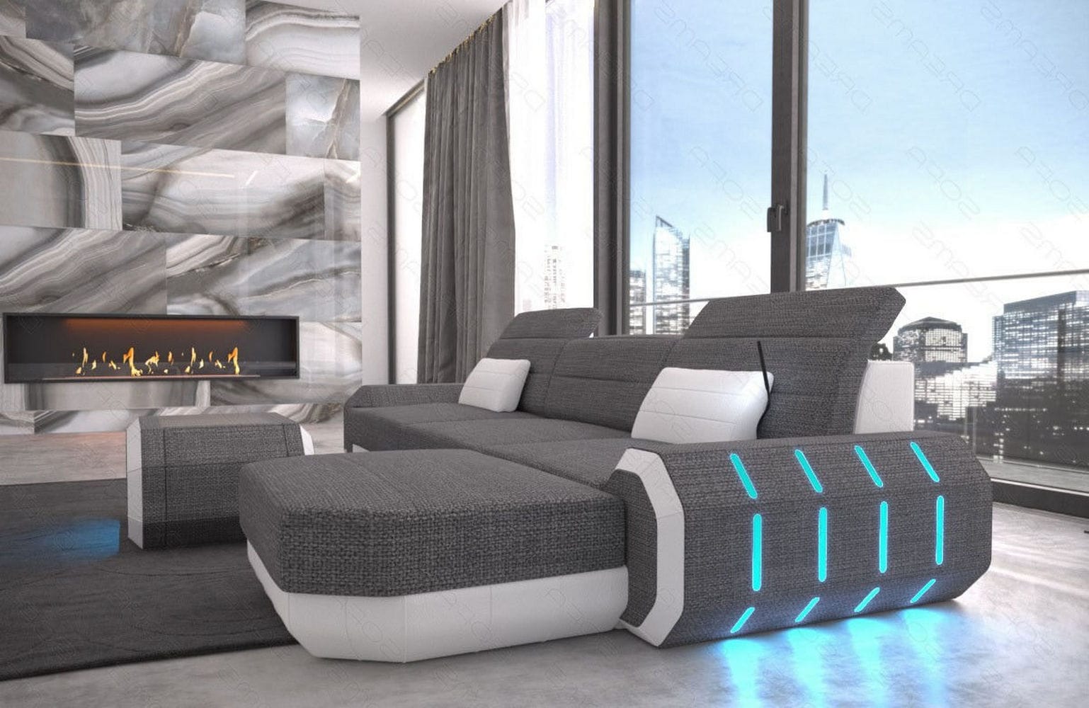 Design Stoffsofa Roma L-Form, Led Grau-Weiß