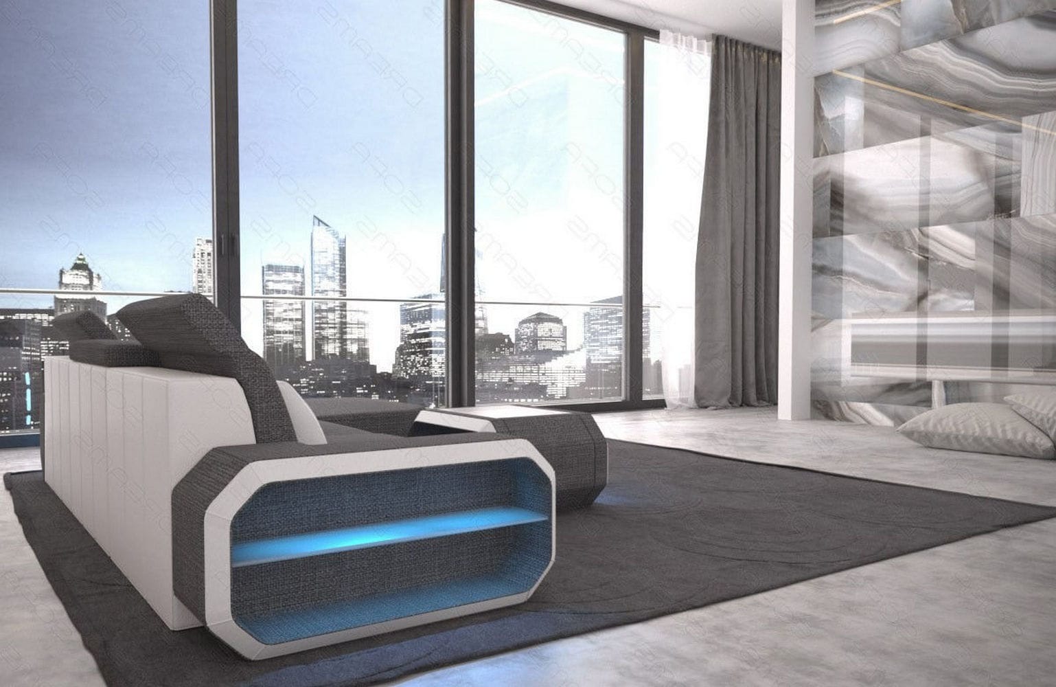 Design Stoffsofa Roma L-Form, Led Grau-Weiß