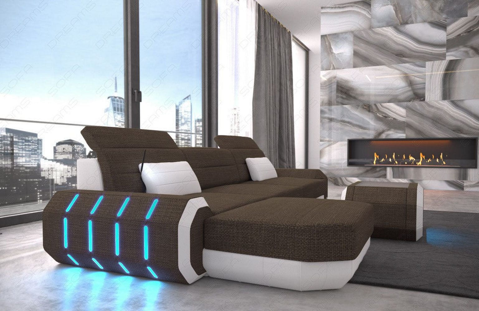 Design Stoffsofa Roma L-Form, Led Braun-Weiß