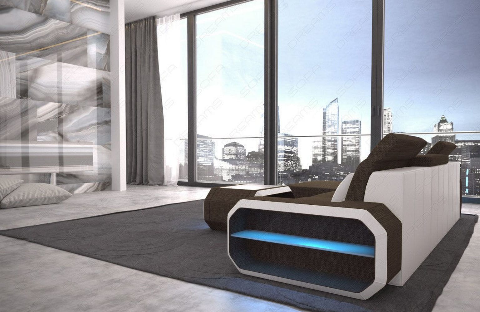 Design Stoffsofa Roma L-Form, Led Braun-Weiß
