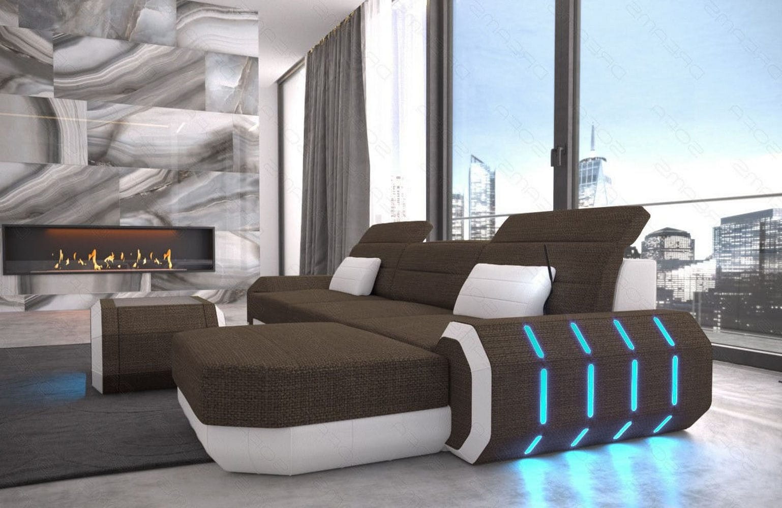 Design Stoffsofa Roma L-Form, Led Braun-Weiß