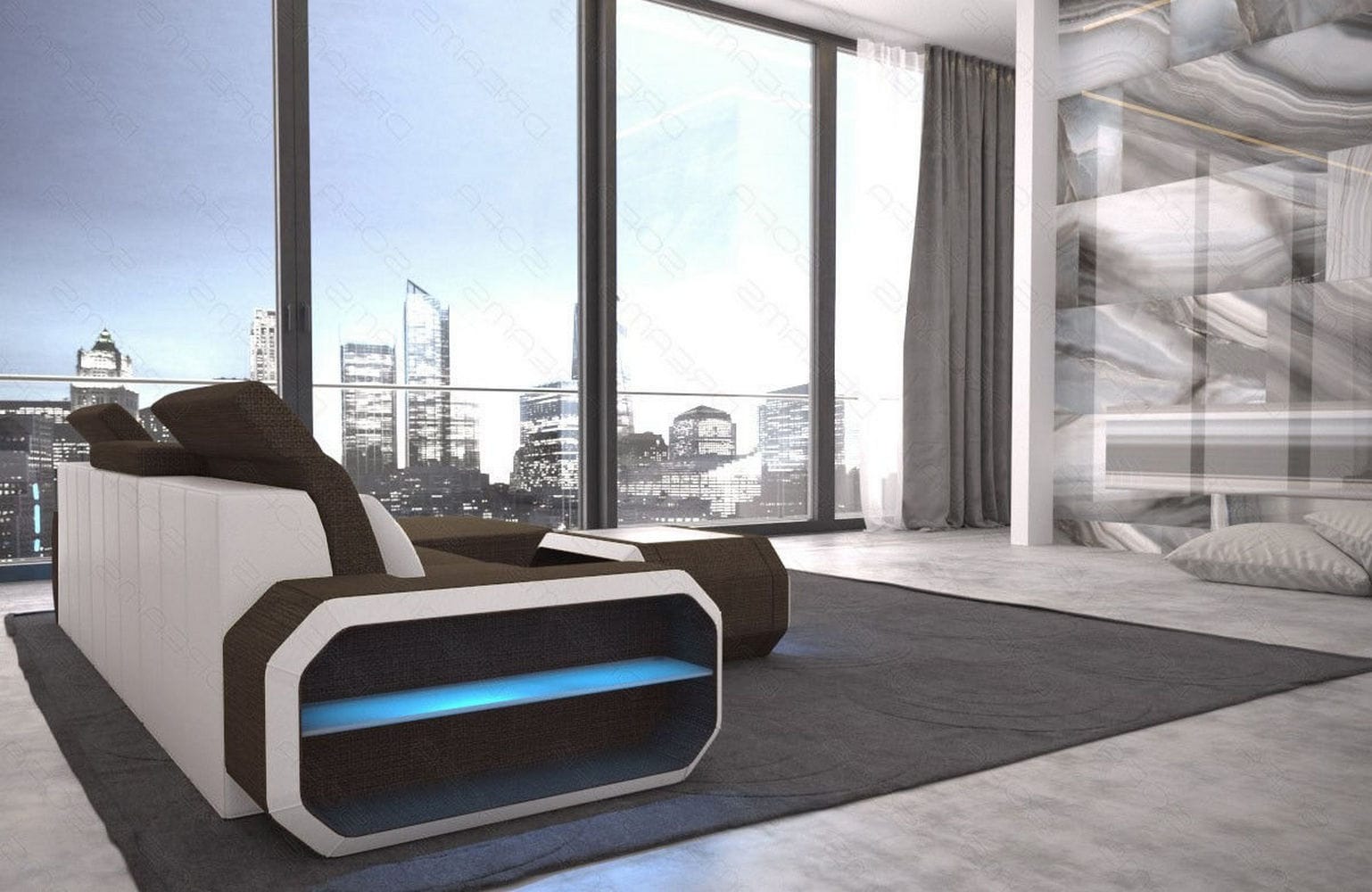Design Stoffsofa Roma L-Form, Led Braun-Weiß