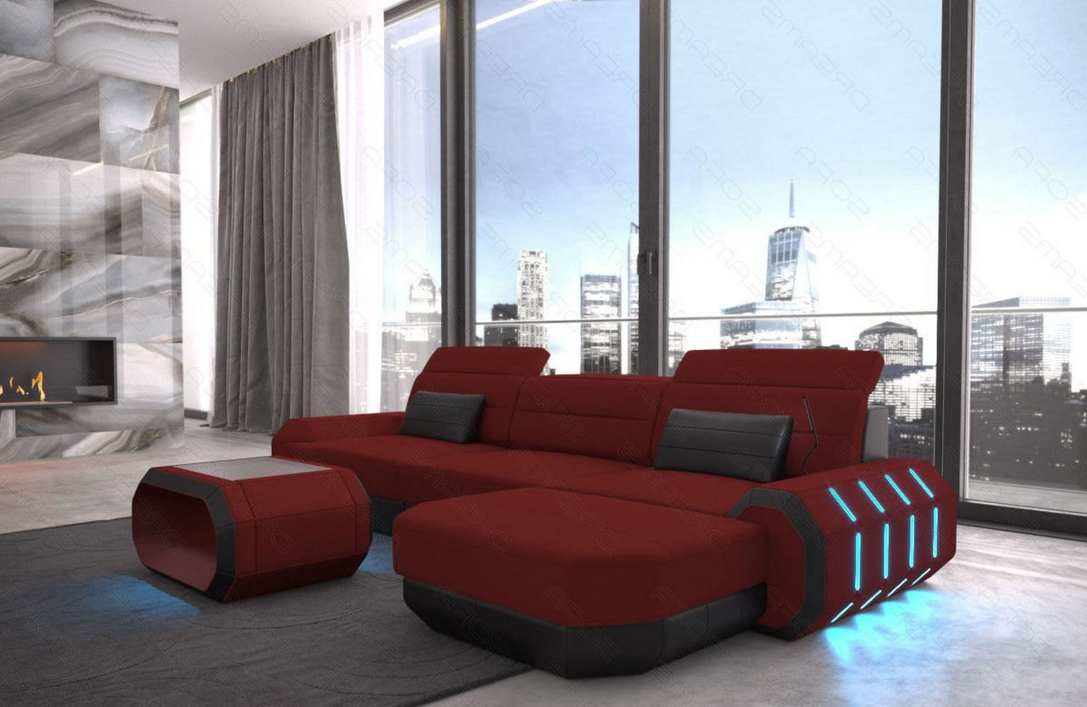 Design Stoffsofa Roma L-Form, Led